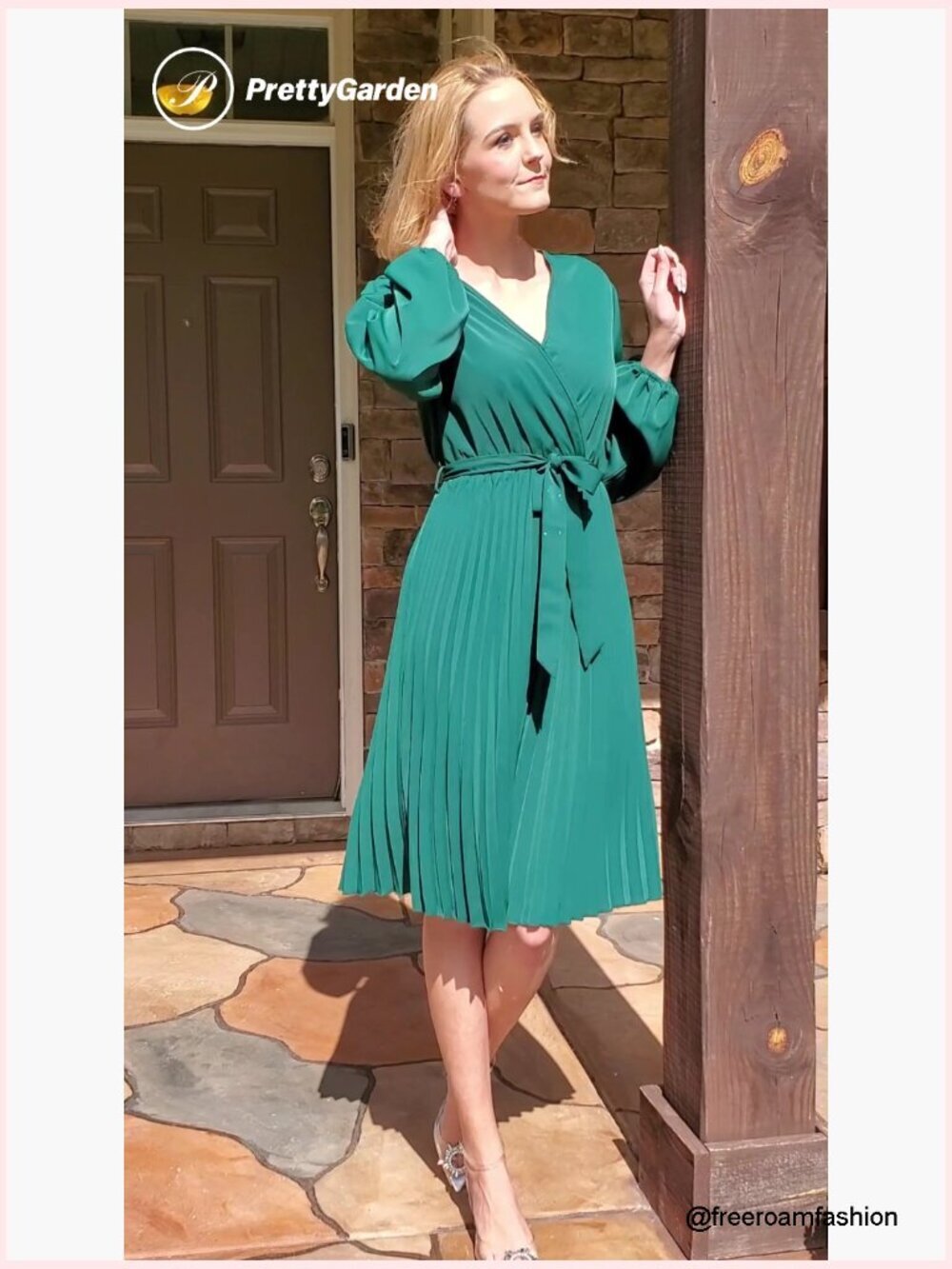 Midi Dress Long Puff Sleeve Wrap V Neck Flowy Ruffle Pleated Casual - Picture 7 of 7
